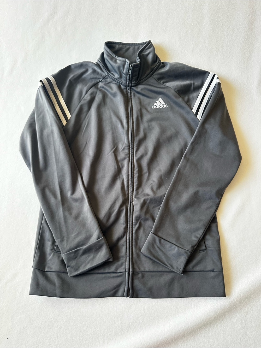 Adidas Boys Grey White Full Zip Jacket Youth Large 14/16 Regular Fit Athletic